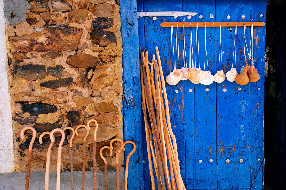 El Camino Pilgrimage to Santiago de Compostela, scallop shells and walking sticks, Galicia, Spain, Europe