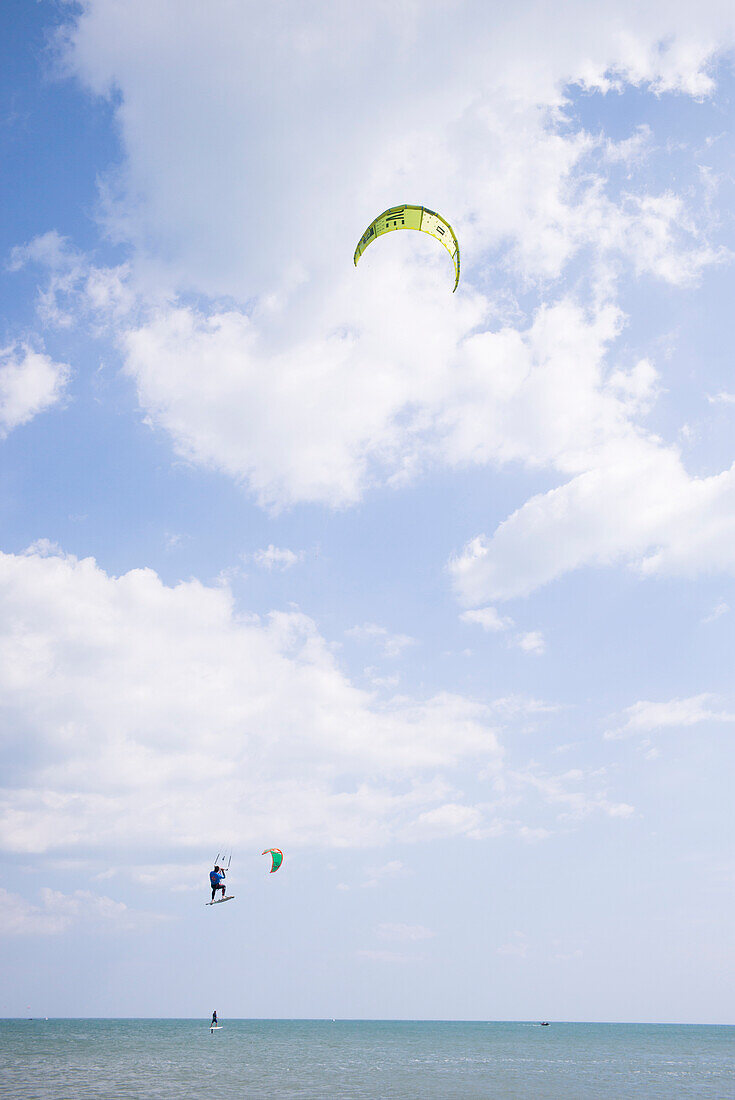 Kitesurfer in the air,  Villeneuve-Lès-Maguelones,  Mediterranean Sea,  near Montpellier,  Hérault,  Languedoc-Roussillon,  France