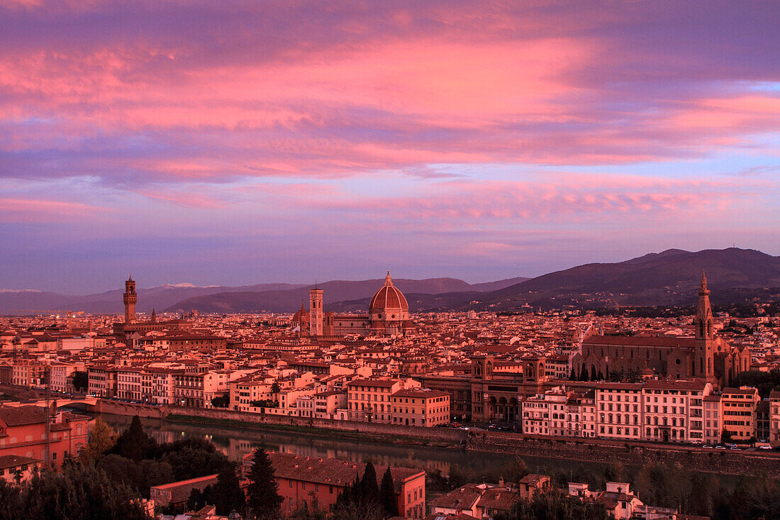 Europe, Italy, Tuscany. Florence old town at sunset froma panoramic view from Piazzale Michelangelo