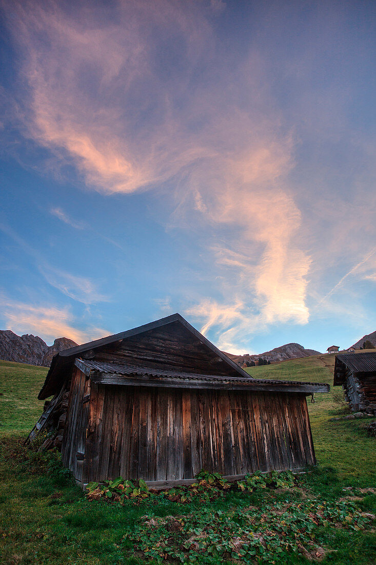 Sud Tirol, Funes valley, sunrise a malga Gampen, Trentino Alto Adige, italy
