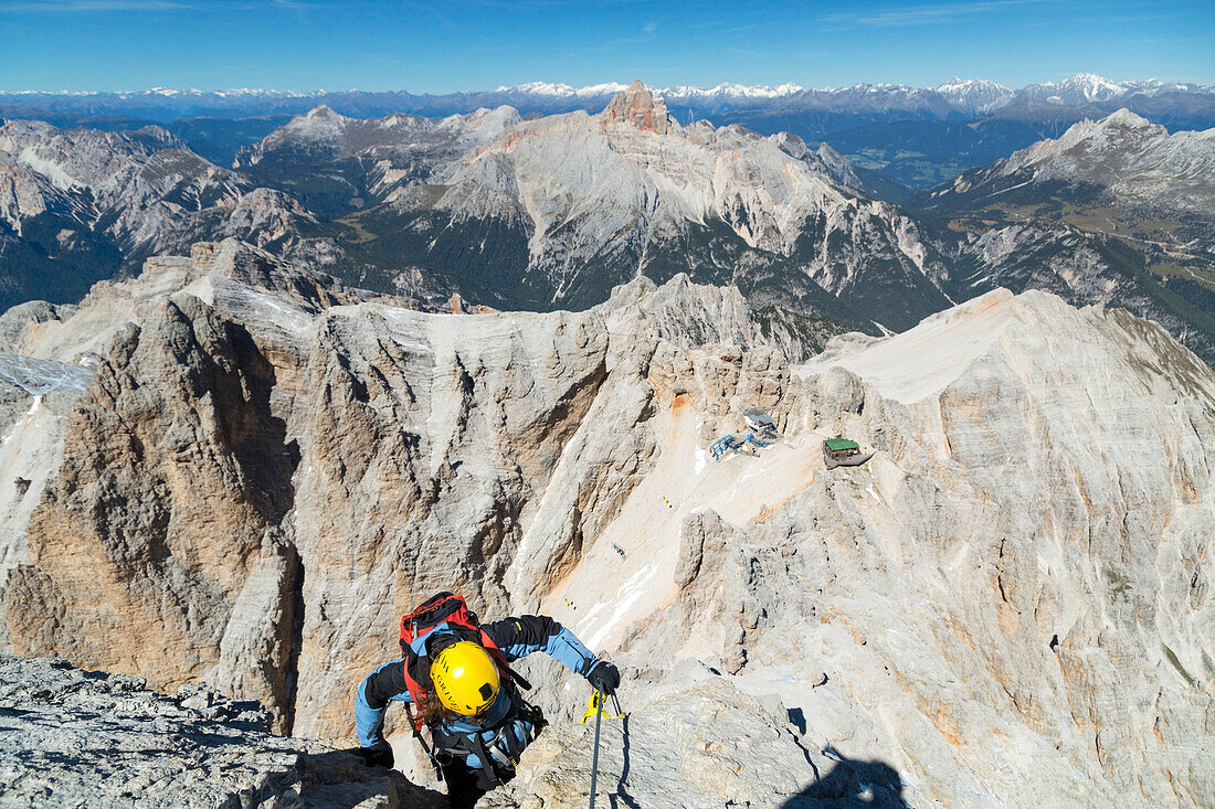 Ferrata Marino Bianchi with Lorenzi Hut in the background. Veneto, Italy.