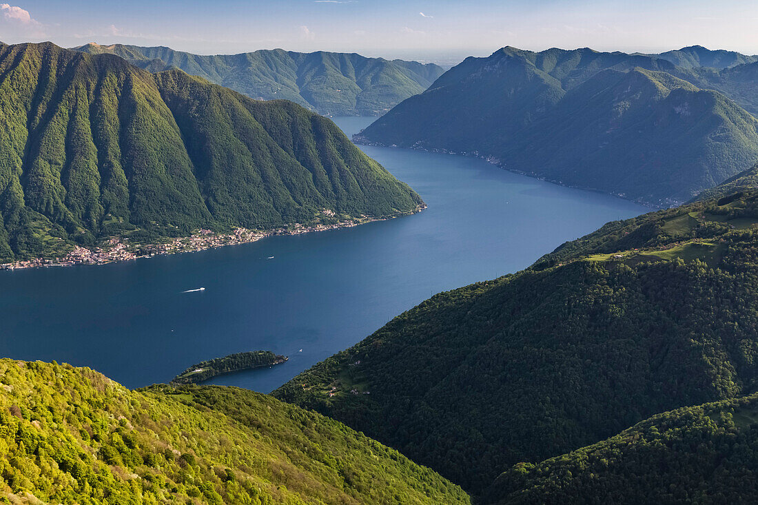 View of Como lake from Isola Comacina towards Como, Lombardy, Italy.