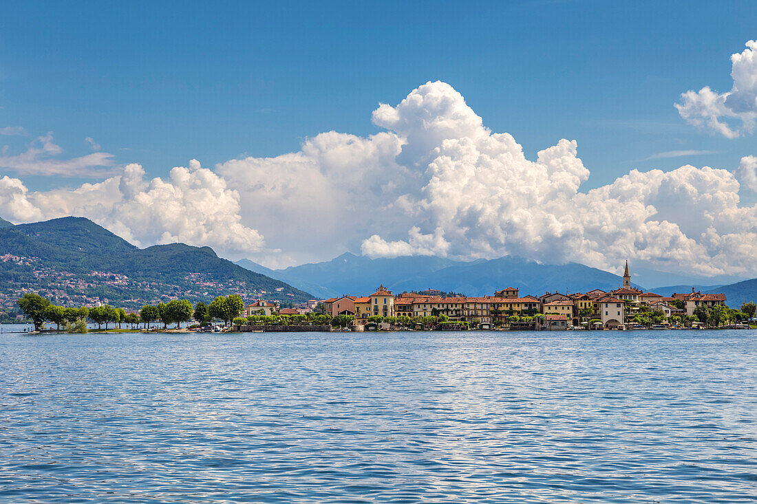 View of Isola dei Pescatori from the shore of Baveno in a spring day, Piedmont, Italy.