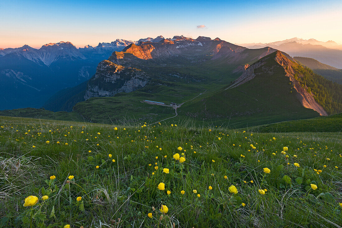 Europe, Italy, Trentino Alto Adige, Trento district, natural park Adamello Brenta. Nana valley at sunrise