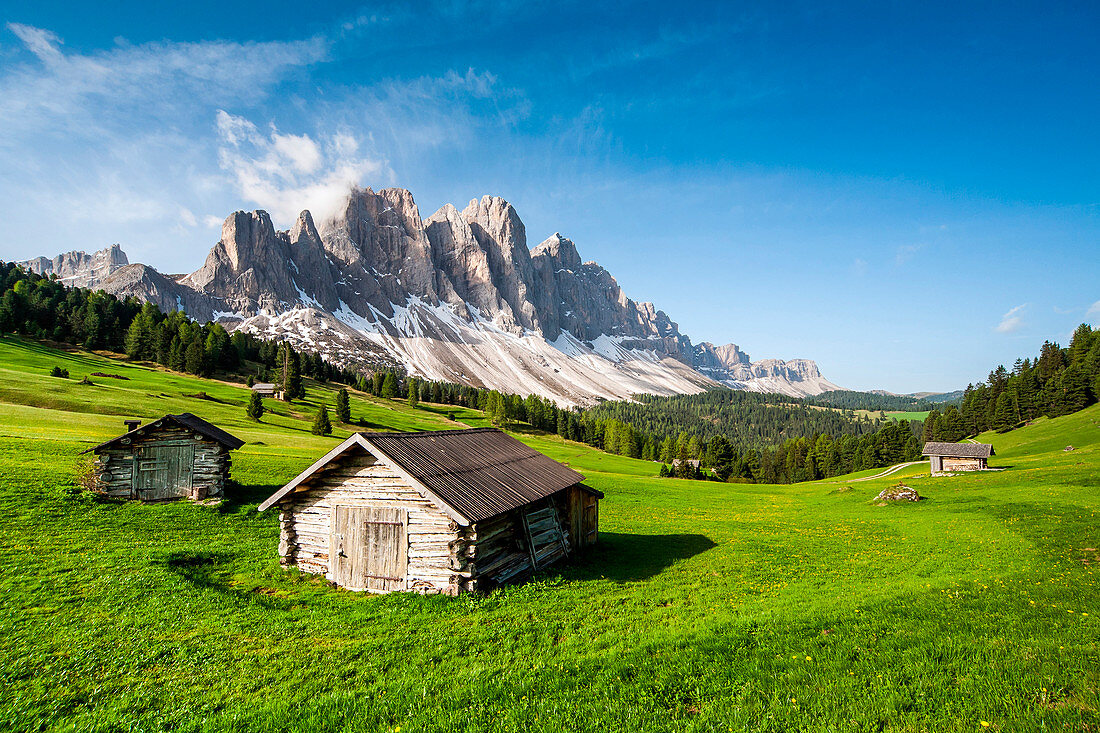 View of the Odle from Malga Caseril. Puez Natural Park. Funes Valley Dolomites. Trentino Alto Adige. Italy Europe