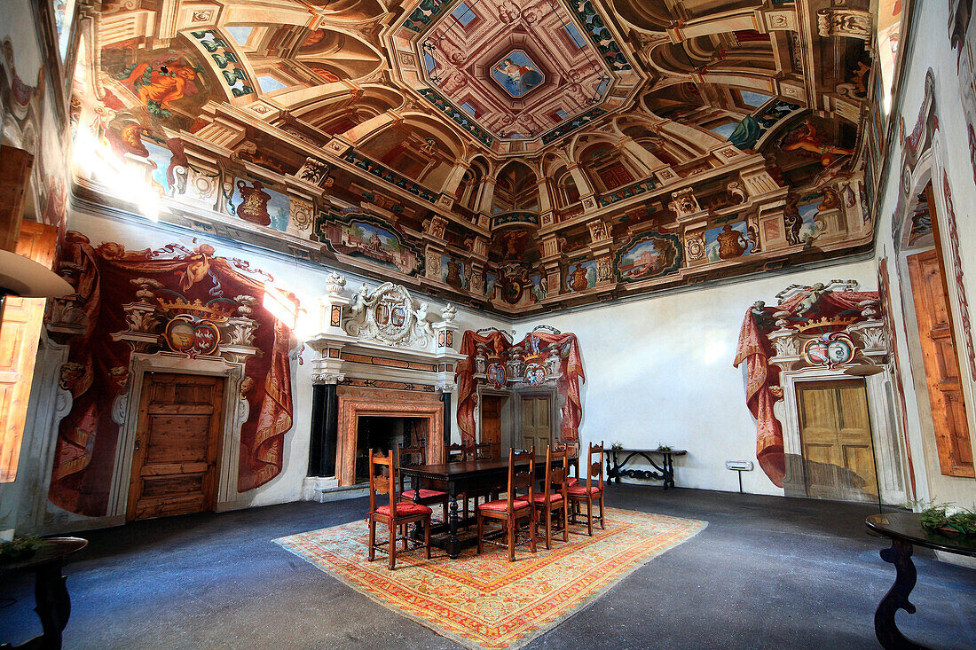 'The ''Saloncello''?Ø (the Reading Hall) in the Sertoli Salis Palace, which shows one of the most relevant decorations with an interesting frescoed ceiling and a Baroque fireplace with plasterwork decorations representing the Salis and Wolkenstein coats o