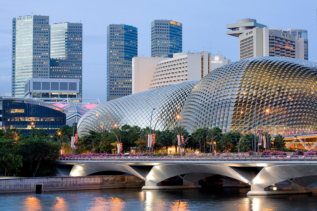 Singapore, the Esplanade and Suntec City at nightfall seen from the deck Anderson