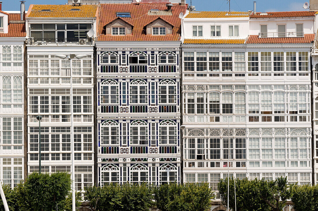 Spain, Galicia, La Coruna, facade of buildings with galleries in Avenida da Marina