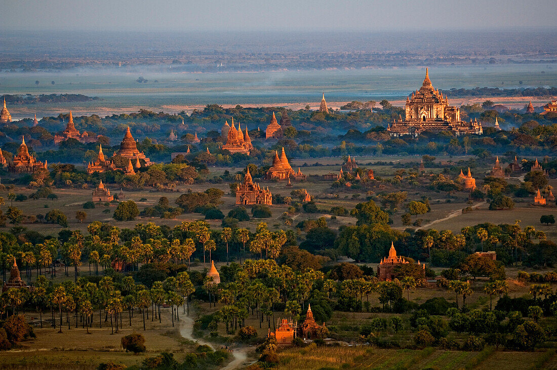 Myanmar (Burma), Mandalay Division, Bagan, Old Bagan, the archaeological site to hundreds of pagodas and stupas built between the 10th and 13th centuries (aerial view)
