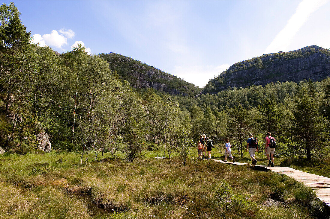 Norway, Rogaland County, around Lysefjord, hiking trail leading to Preikestolen Rock