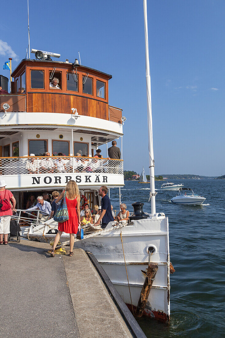 Steamboat Norrskaer at ferry harbour in Vaxholm, Stockholm archipelago, Uppland, Stockholms land, South Sweden, Sweden, Scandinavia, Northern Europe