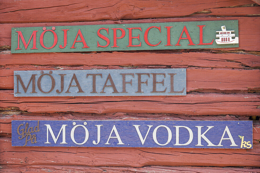 Sign of Vodka of Moeja on the island of Moeja in Stockholm archipelago, Uppland, Stockholms land, South Sweden, Sweden, Scandinavia, Northern Europe