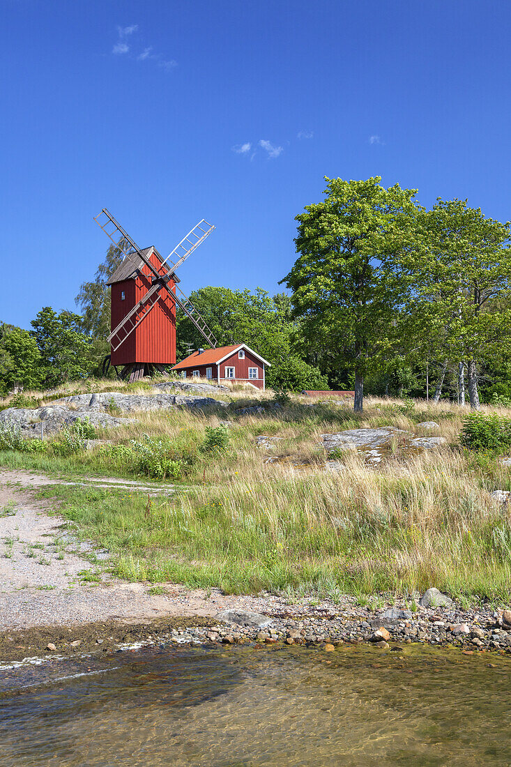 Red windmill on the isle Lidoe, Northern Stockholm archipelago, Stockholms County, Uppland, Scandinavia, South Sweden, Sweden,  Northern Europe