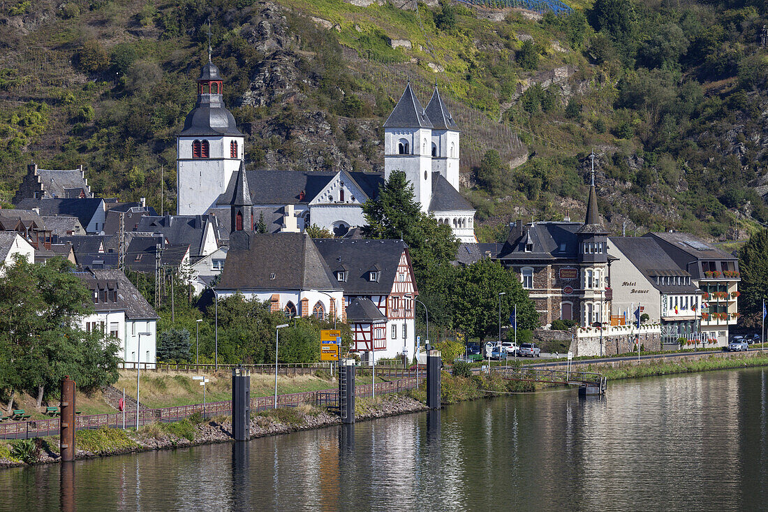 View over the Mosel at Karden and the abbey church, Eifel, Rheinland-Palatinate, Germany, Europe