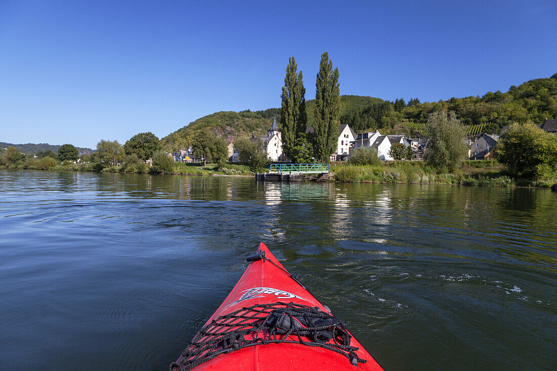 Kayak on the Mosel near Burgen, Eifel, Rheinland-Palatinate, Germany, Europe