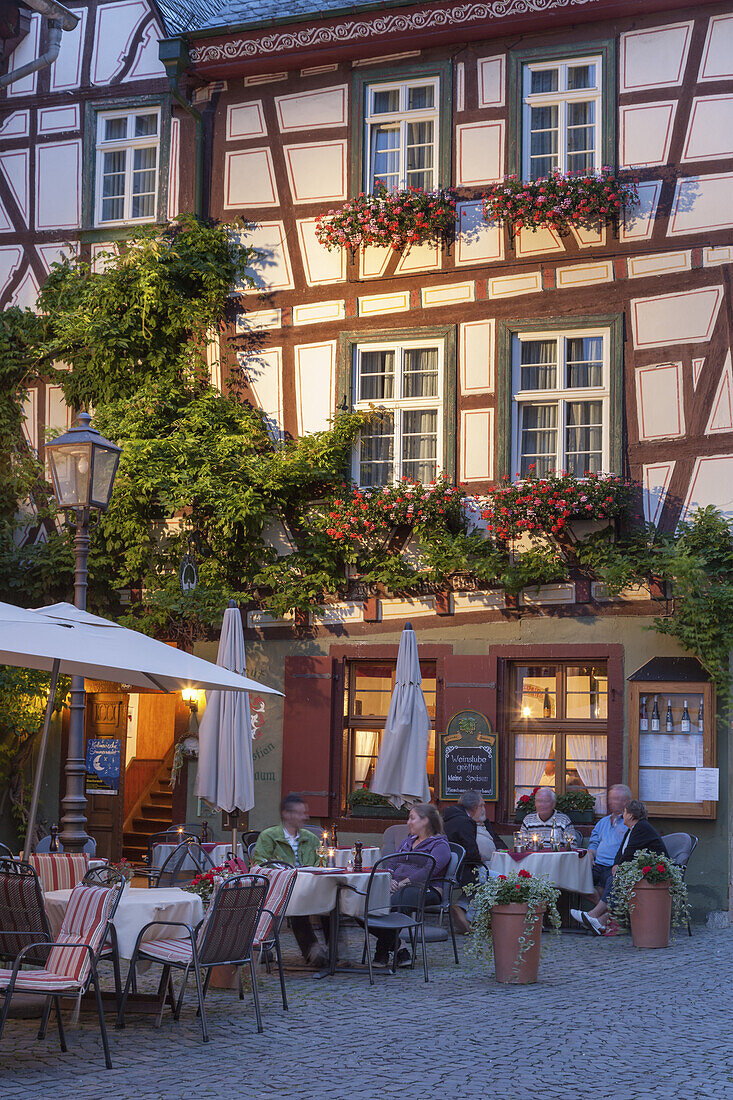 Restaurant Old House in the old town of Bacharach by the Rhine, Upper Middle Rhine Valley, Rheinland-Palatinate, Germany, Europe