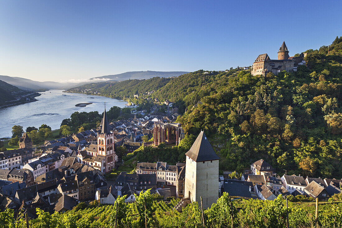 Blick über die Altstadt von Bacharach am Rhein auf Burg Stahleck, Oberes Mittelrheintal, Rheinland-Pfalz, Deutschland, Europa