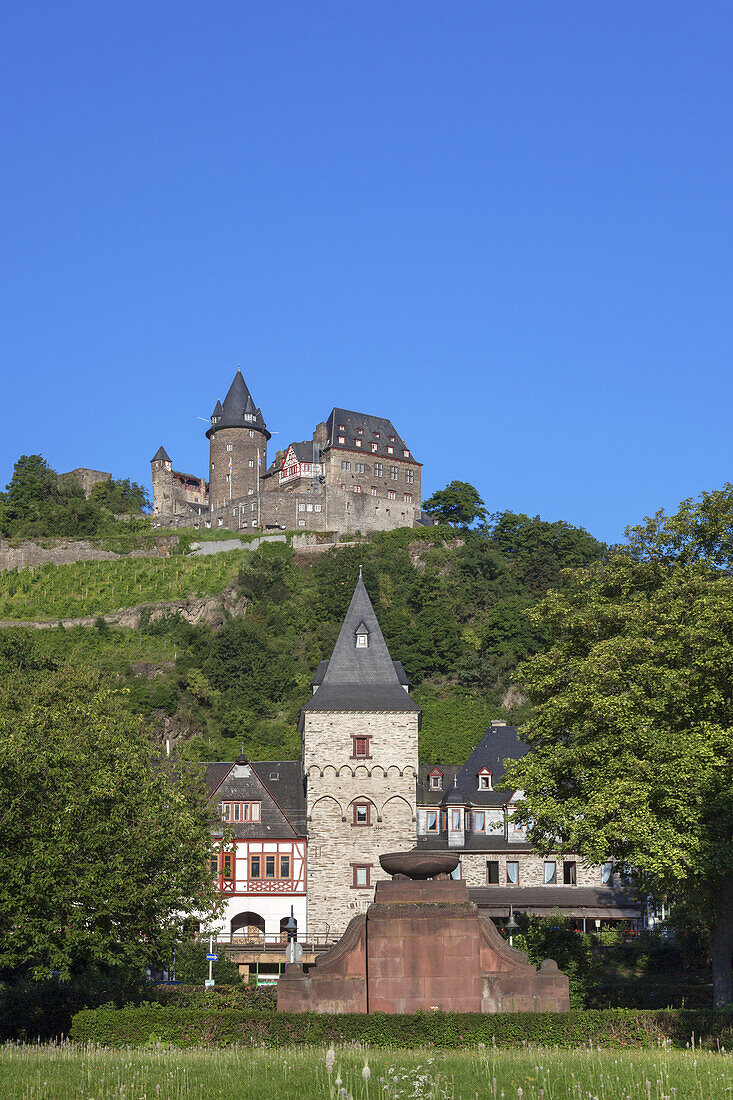 View at Burg Stahleck Castle and the vineyards above Bacharach, Upper Middle Rhine Valley, Rheinland-Palatinate, Germany, Europe