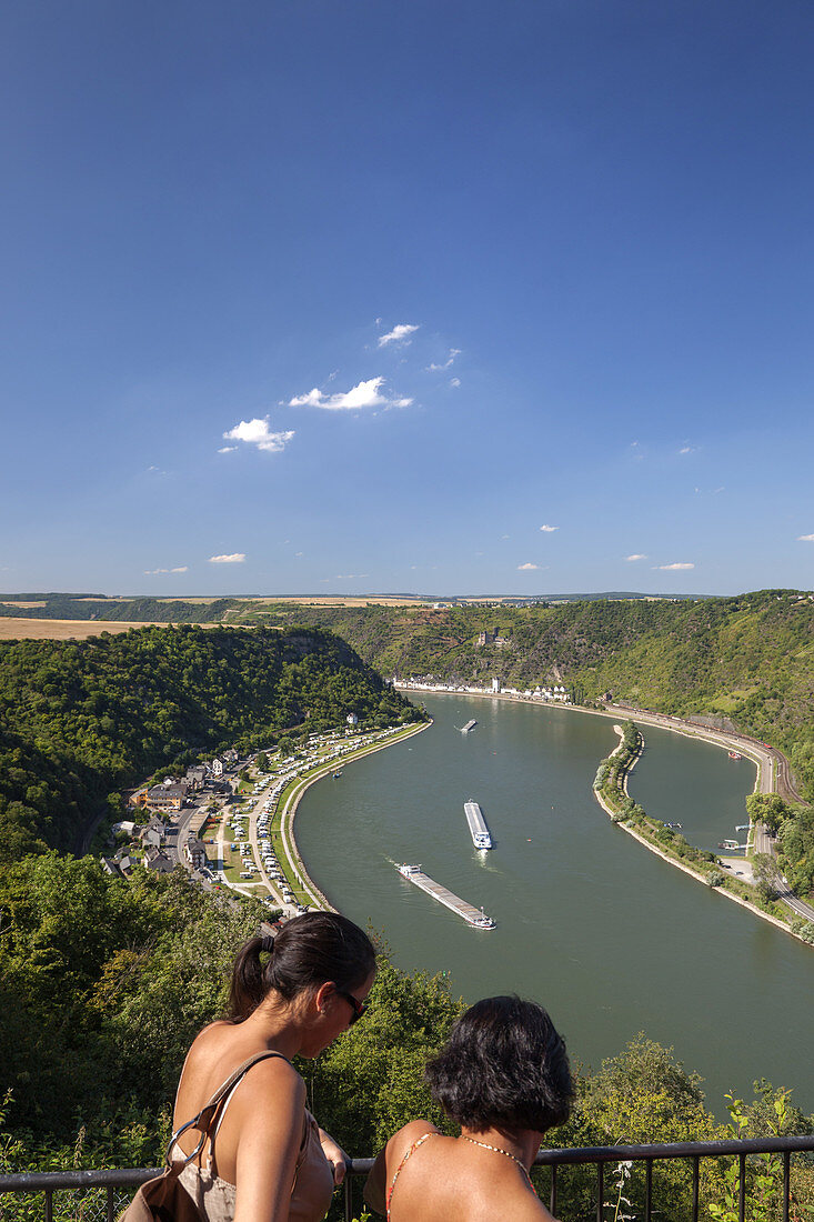 View over the Rhine with Saint Goar and Saint Goarshausen, Upper Middle Rhine Valley, Rheinland-Palatinate, Germany, Europe