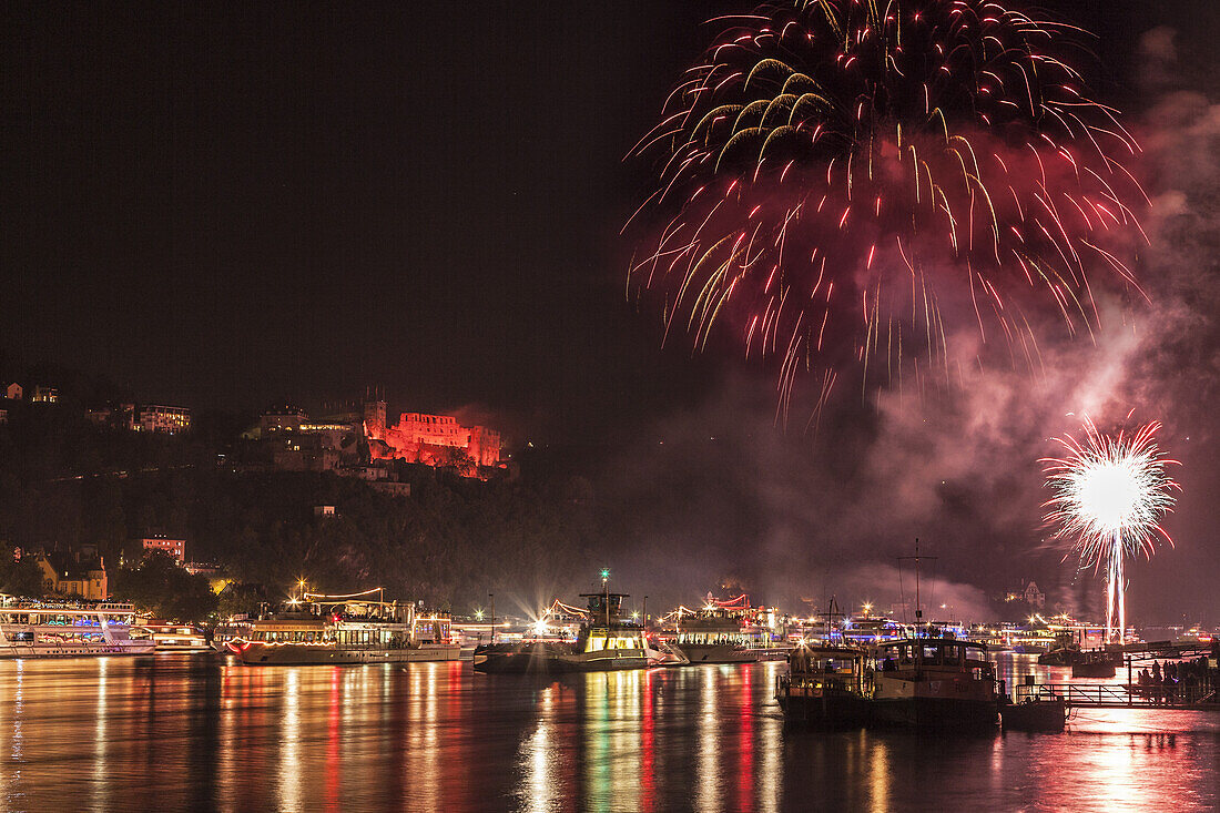 Fireworks Rhine in Flame, view from St. Goarshausen to St. Goar, Upper Middle Rhine Valley, Rheinland-Palatinate, Germany, Europe