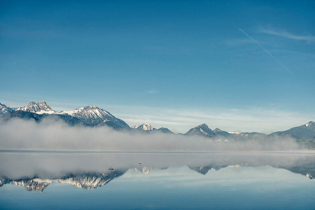 Lake Hopfensee, Hopfen am See, Allgaeu, Bavaria, Germany, Mountains, Snow, mist, Lake