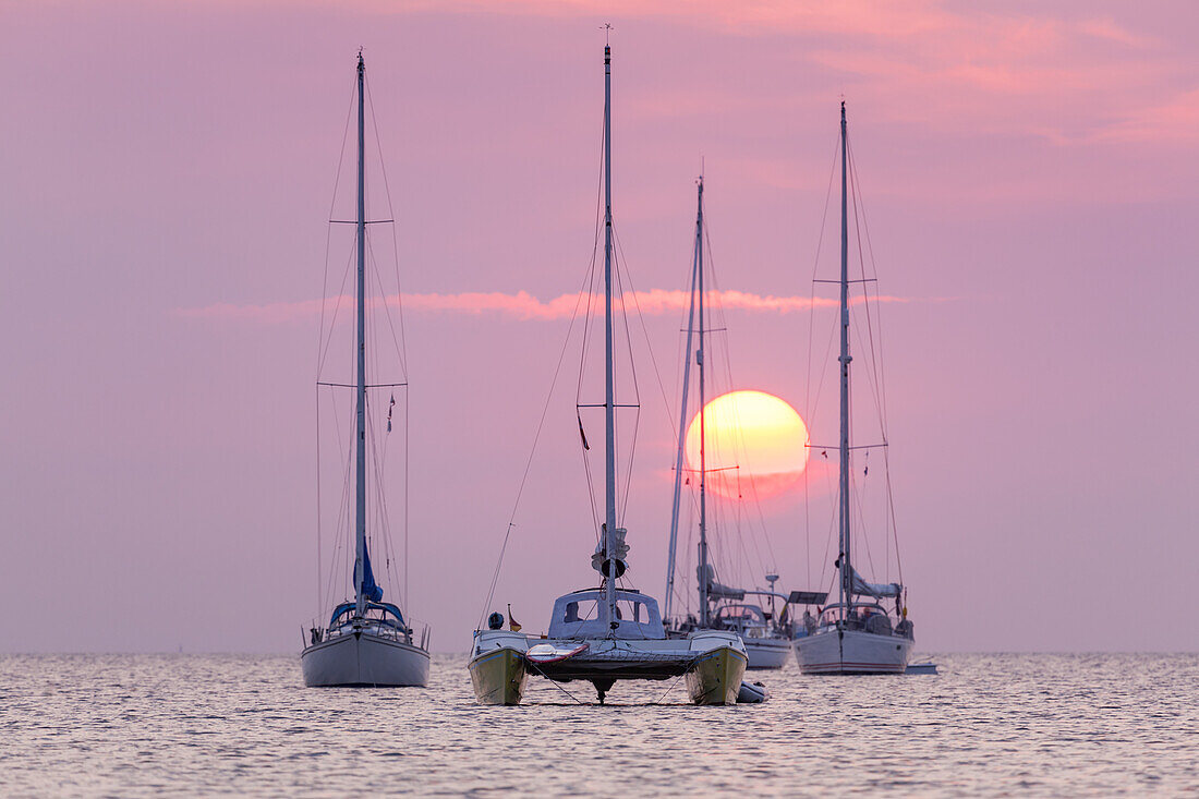 Sailboats in the sunset over the Baltic Sea near Ærøskøbing, Island Ærø, South Funen Archipelago, Danish South Sea Islands, Southern Denmark, Denmark, Scandinavia, Northern Europe