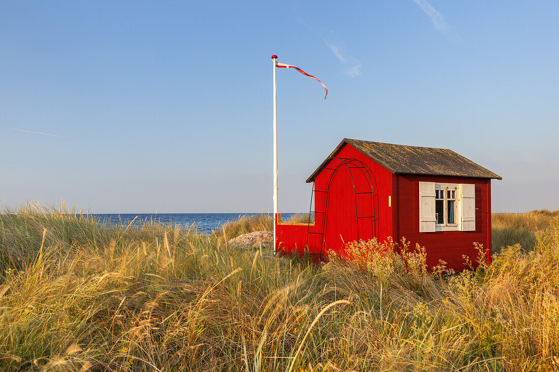 Badehäuschen am Strand Erikshale auf der Insel Ærø, Marstal, Schärengarten von Fünen, Dänische Südsee, Süddänemark, Dänemark, Nordeuropa, Europa