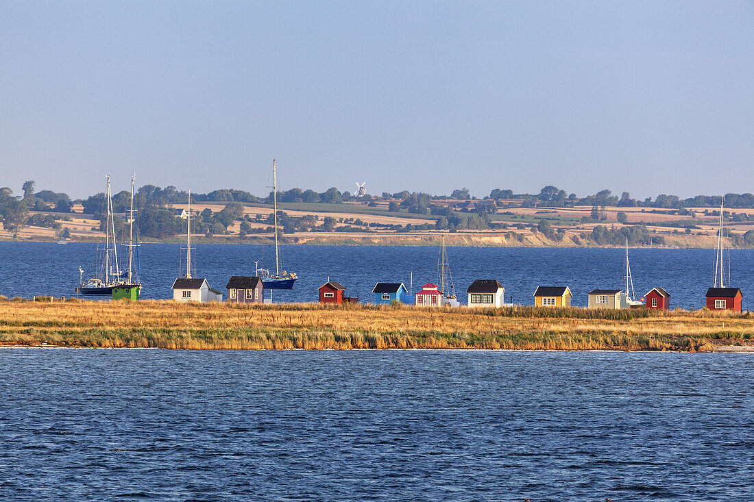 View from the harbour of beach huts at the beach of Ærøskøbing, Island Ærø, South Funen Archipelago, Danish South Sea Islands, Southern Denmark, Denmark, Scandinavia, Northern Europe