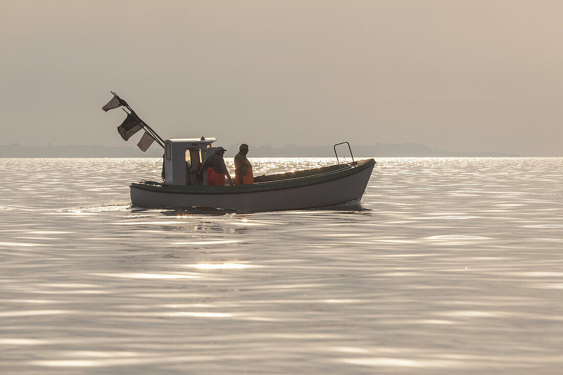 Fischermen with their boat on the Baltic Sea, near Fynshav, Island Als, Danish South Sea Islands, Southern Denmark, Denmark, Scandinavia, Northern Europe