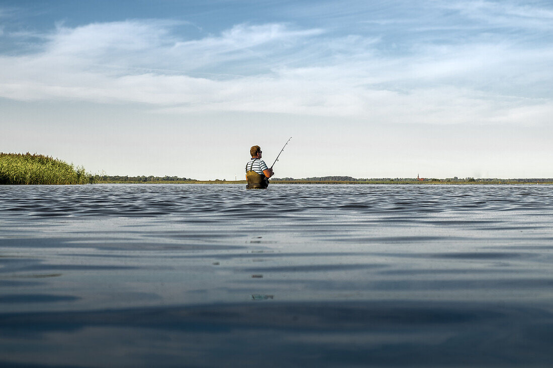 An angler standing in the water of the Bodden in Dierhagen. Dierhagen, Darß, Mecklenburg-Vorpommern, Germany