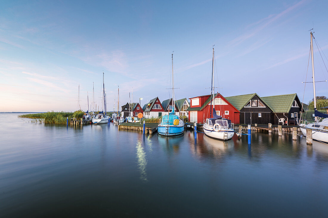 Bootshäuser in der Morgenstimmung im Hafen Althagen in Ahrenshoop am Bodden auf dem Darß. Althagen, Ahrenshoop, Darß, Mecklenburg-Vorpommern, Deutschland