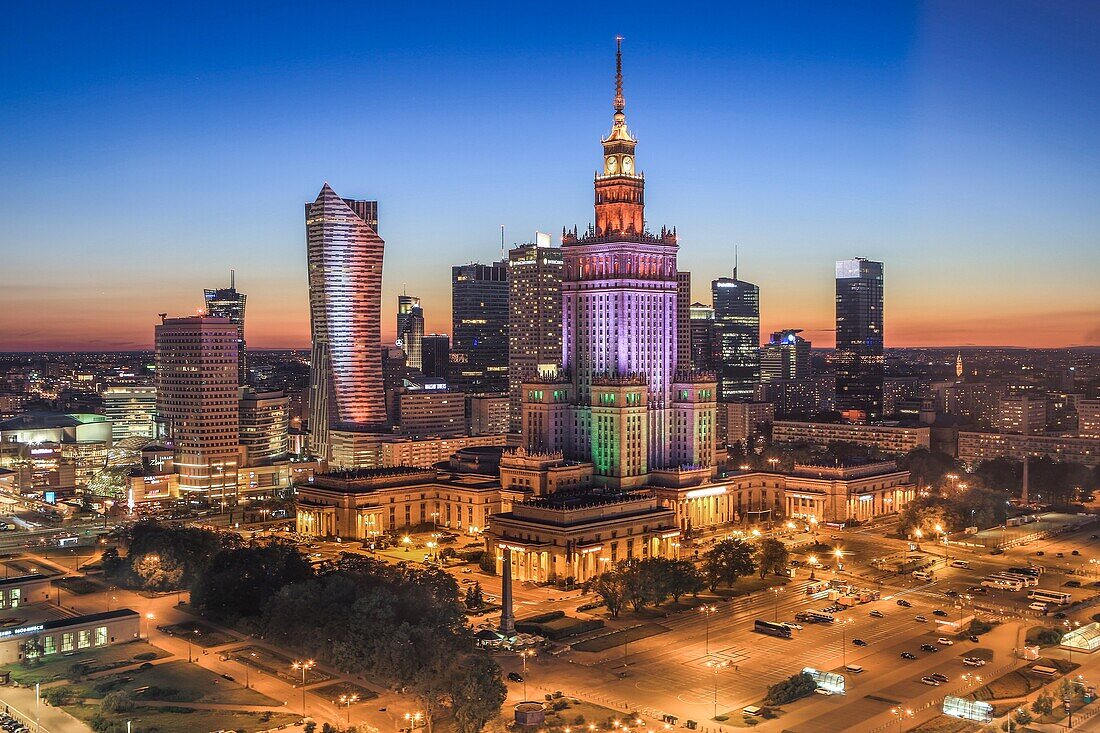 Poland, Warzaw City, Down town Warsaw Skyline.