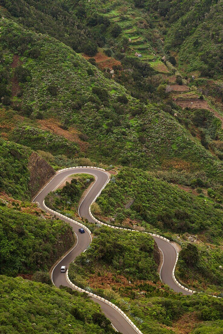 Spain, Canary Islands, Tenerife, Taganana, coastal mountain road, elevated view.