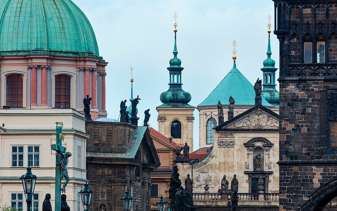 Charles Bridge, Church of St. Francis of Assisi, Klementinum, Church of St. Salvatore, Prague, Czech Republic, Europe.