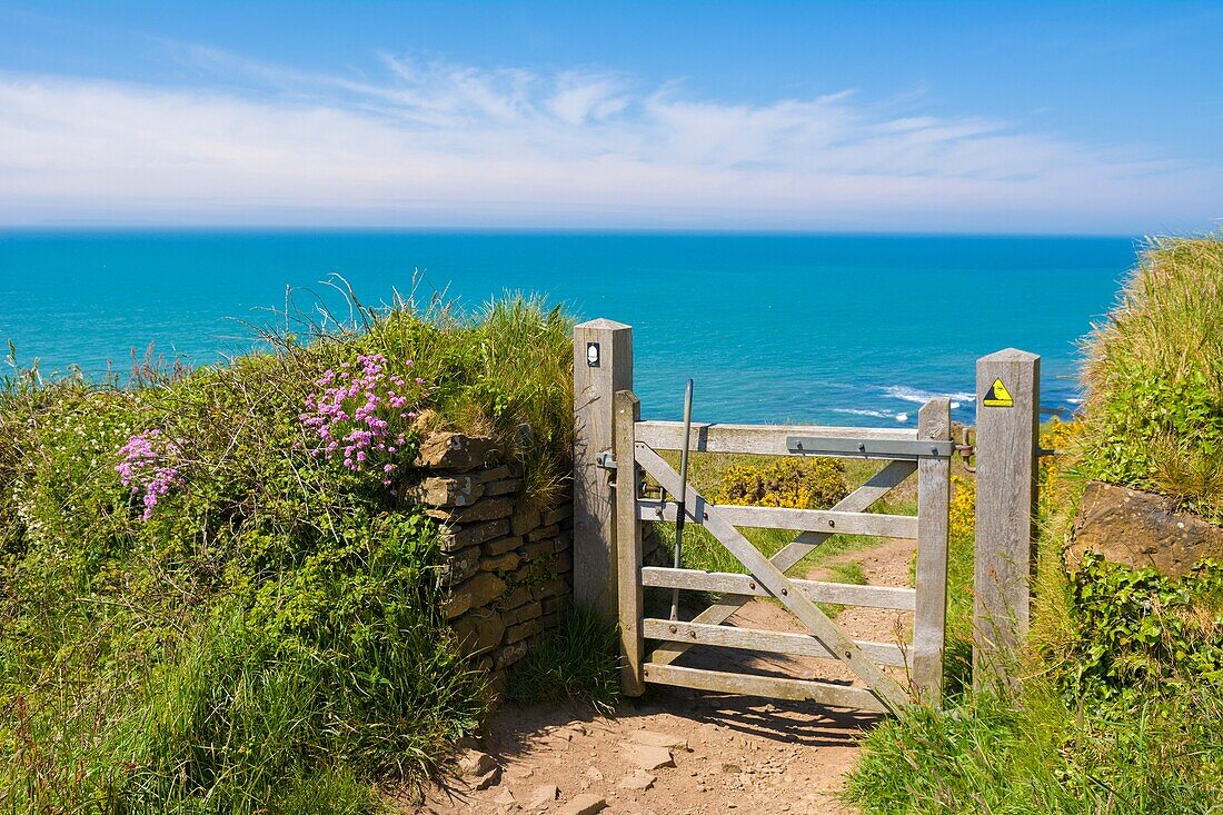 A gate on the South West Coast Path overlooking the Atlantic Ocean near Abbotsham, North Devon, England.