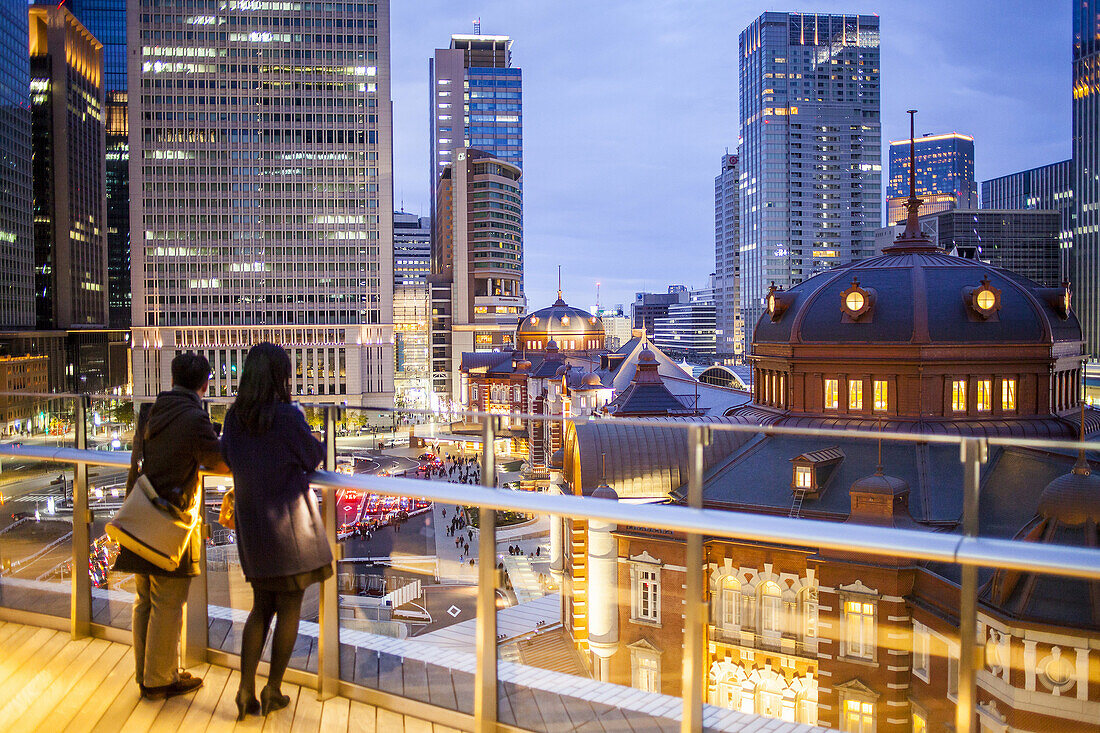 Tokyo Station and skyscrapers of Marunouchi from Kitte building, Marunouchi, Tokyo, Japan.