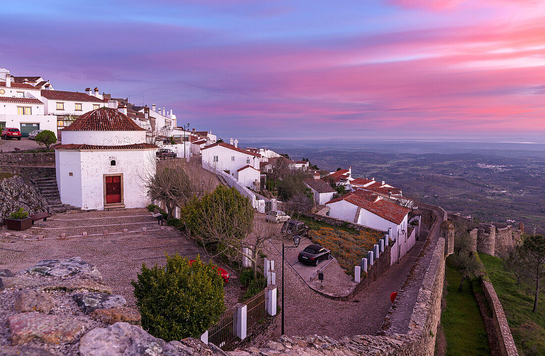 Sunrise over Marvao a famous medieval mountain village and tourist attraction in the Alentejo. Europe, Southern Europe, Portugal, Alentejo.