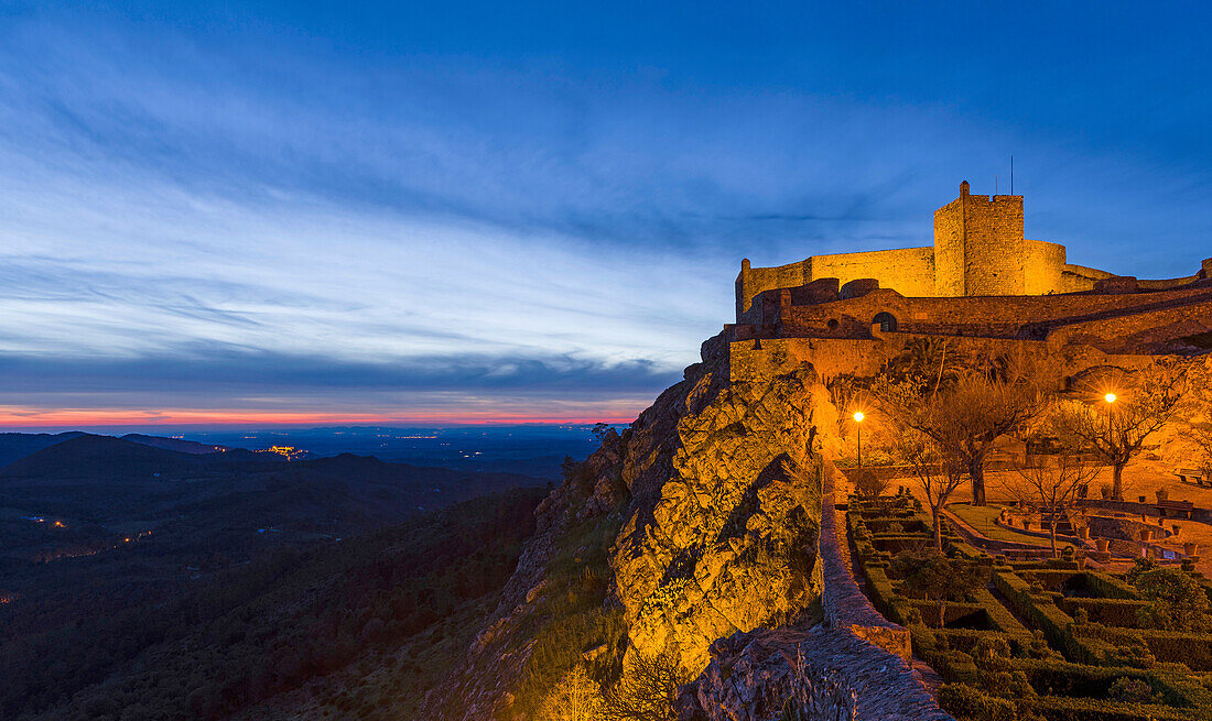 The castle dating back to moorish times in the middle ages. Marvao a famous medieval mountain village and tourist attraction in the Alentejo. Europe, Southern Europe, Portugal, Alentejo.