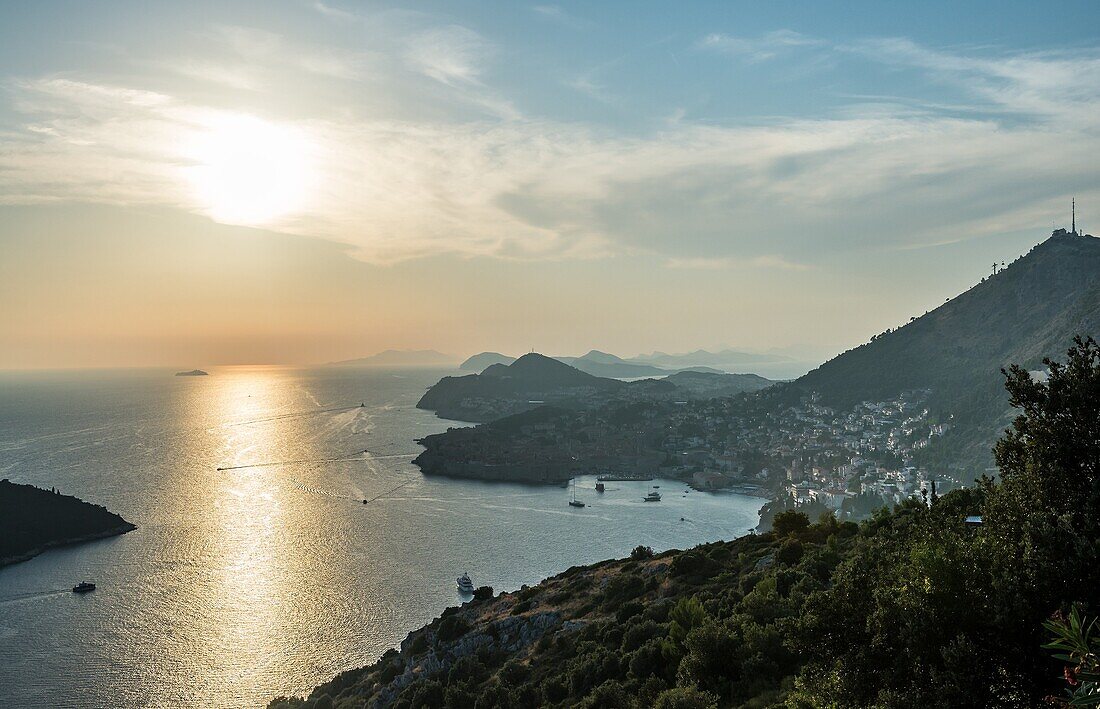 Sunset over Dubrovnik city, Croatia. Aerial view with Lokrum Island on the left side.