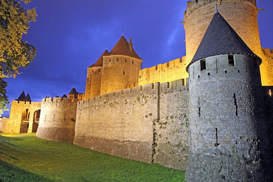 Remparts at dusk, Carcassonne, Languedoc-Roussillon, France.