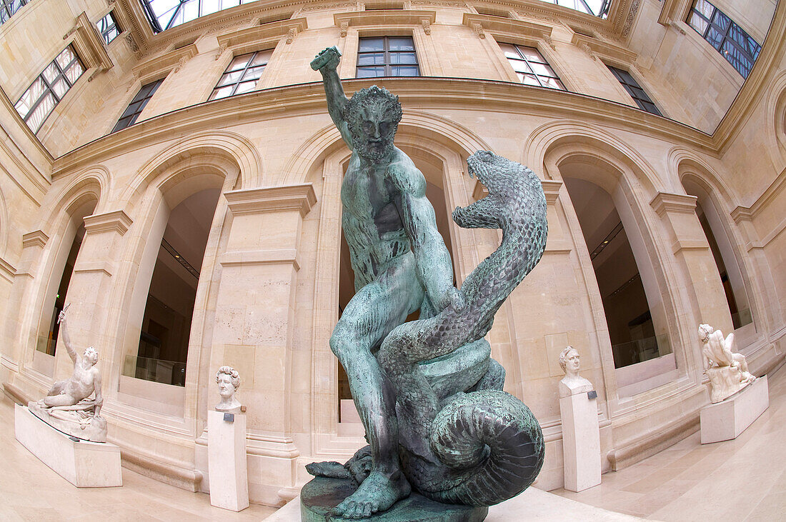France, Paris, area listed as World Heritage by UNESCO, Louvre museum, Puget courtyard, Hercules and the Lernaean Hydra, statue by Bosio (1824)