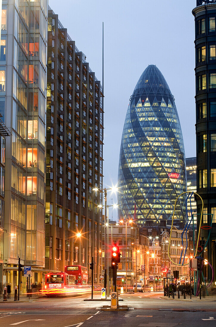 United Kingdom, London, East End district, Swiss Re Building nicknamed The Gherkin by architect Norman Foster seen from Shoreditch district