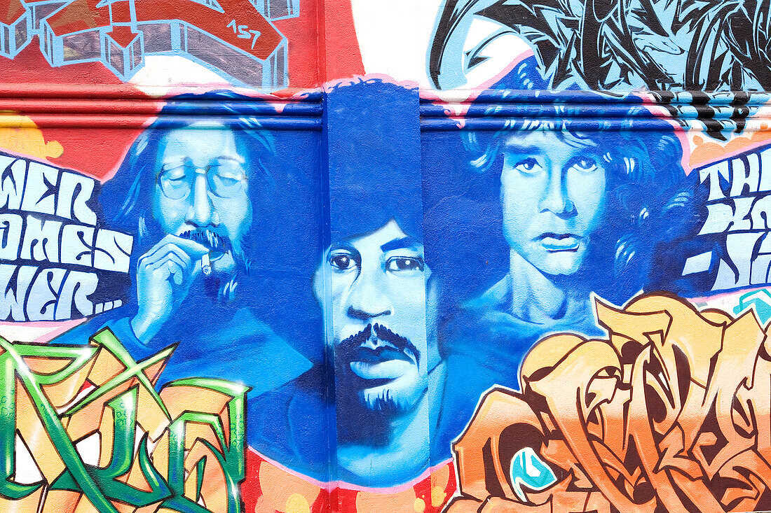 United States, California, San Francisco, Haight Ashbury District what attracted the Beat generation of the 1950s and Flower Power hippies, mural painting, John Lennon, Jimi Hendrix and Jim Morrison