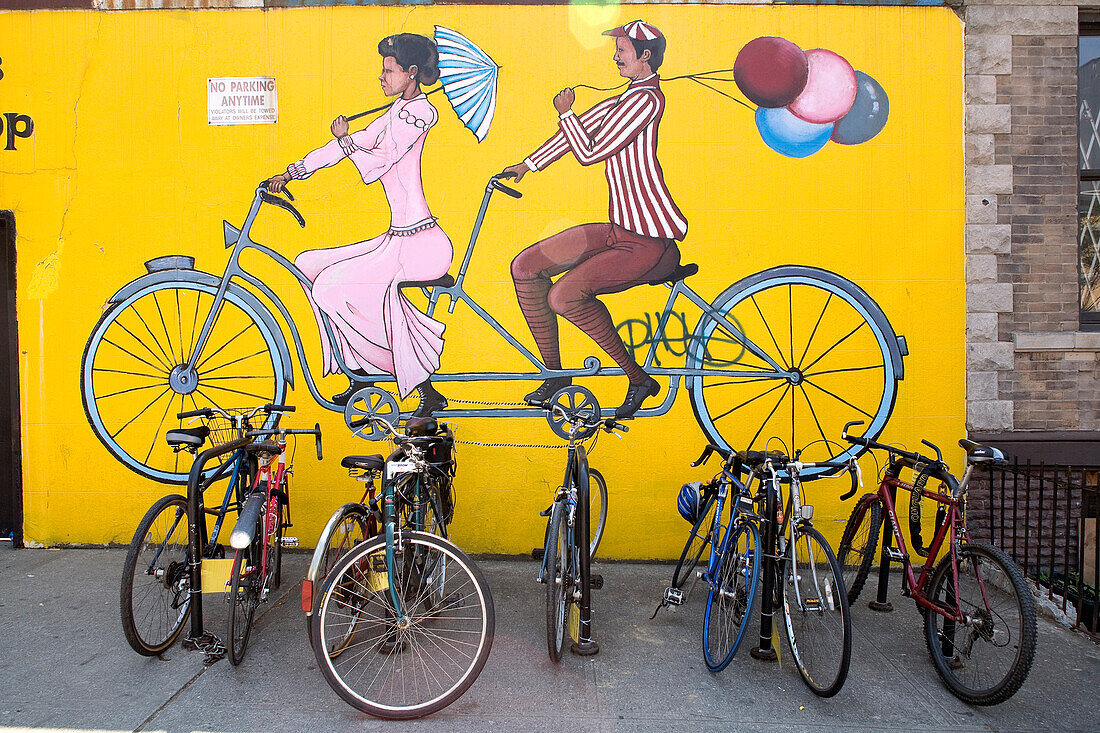United States, New York, Brooklyn, Park Slope District, Dixon's Bike Shop, mural and bike shed