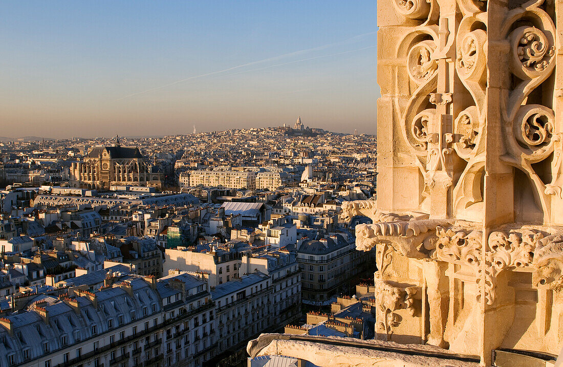 France, Paris, general view with gargoyles of Saint Jacques Tower