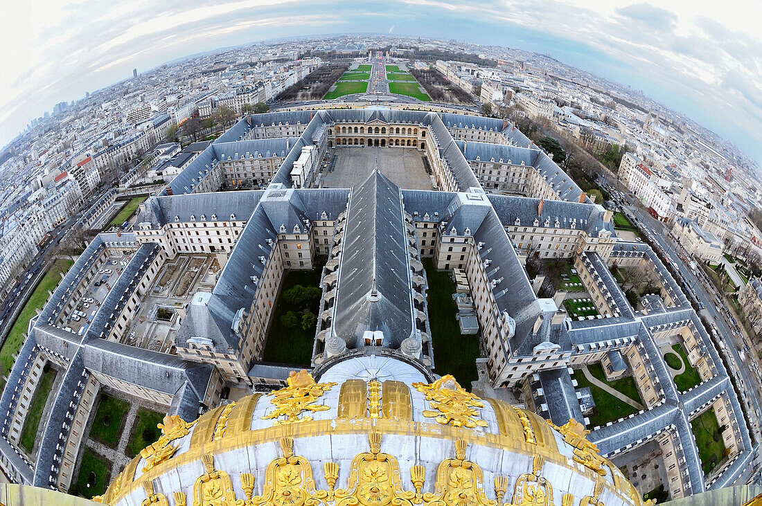 France, Paris, area listed as World Heritage by UNESCO, the hotel, the square and the Esplanade of the Invalides seen from the cupola