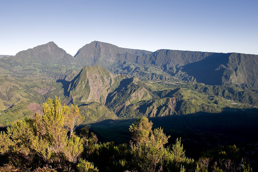 France, Reunion island (French overseas department), Parc National de La Reunion (Reunion National Park), listed as World Heritage by UNESCO, cirque de Salazie, the Cimendef (2226 m) on the left