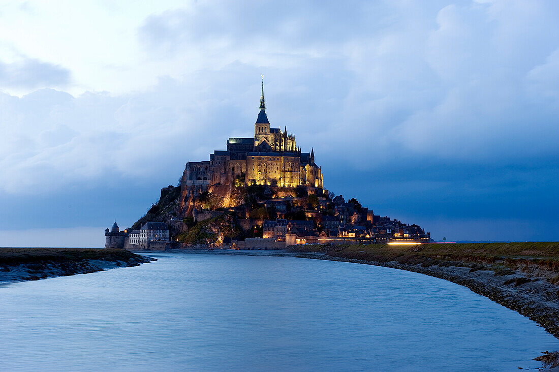 France, Manche, illuminated Mont Saint Michel, listed as World Heritage by UNESCO