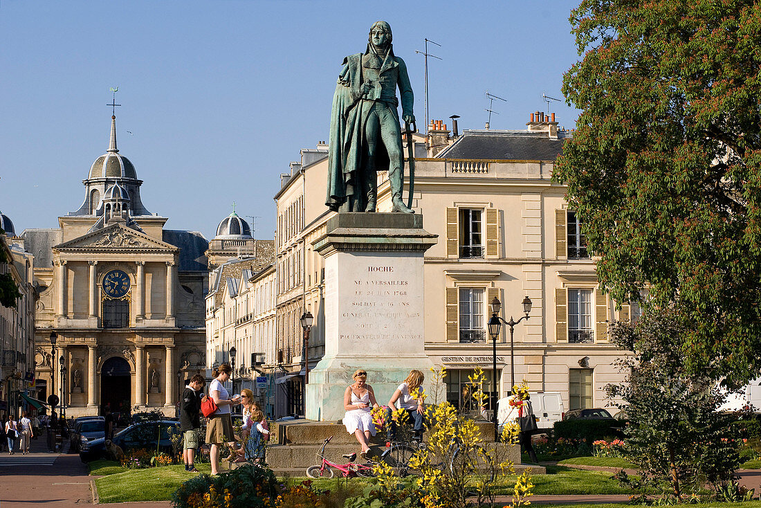 France, Yvelines, Versailles, square, statue of the Marechal Foch and the Notre Dame church in the background