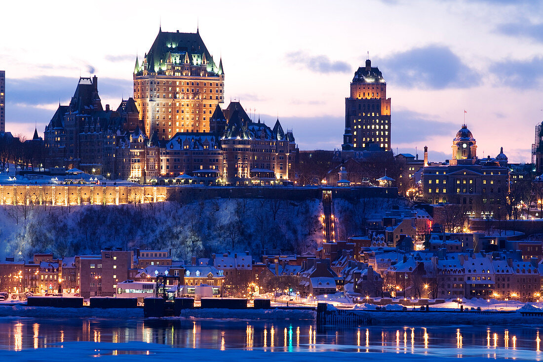 Canada, Quebec Province, Quebec City, Old Town listed World Heritage by UNESCO, panorama by night from Saint Lawrence River bank, Chateau Frontenac and Petit Champlain District